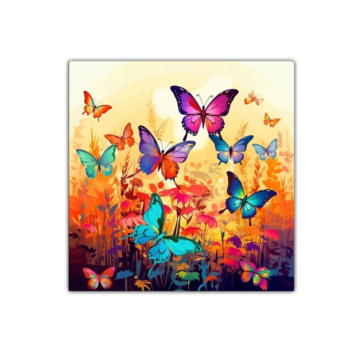 Mariposas multicolores en campo vibrante de flores brillantes — imagen principal