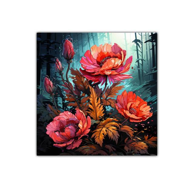 Flores vibrantes en contraste con bosque nocturno