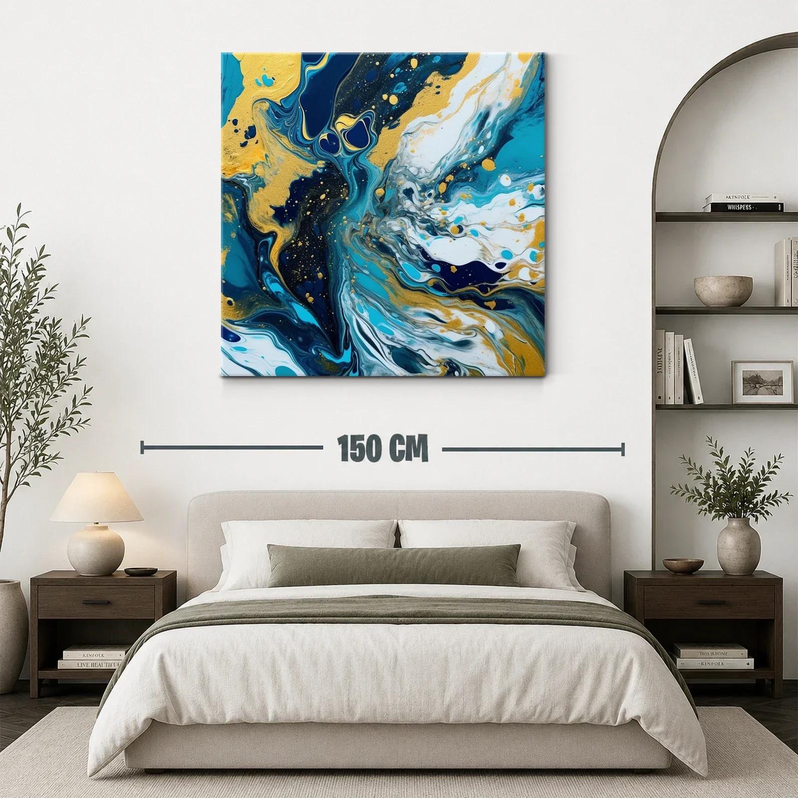 Cuadro abstracto con tonos dorados y azul profundo — miniatura 3