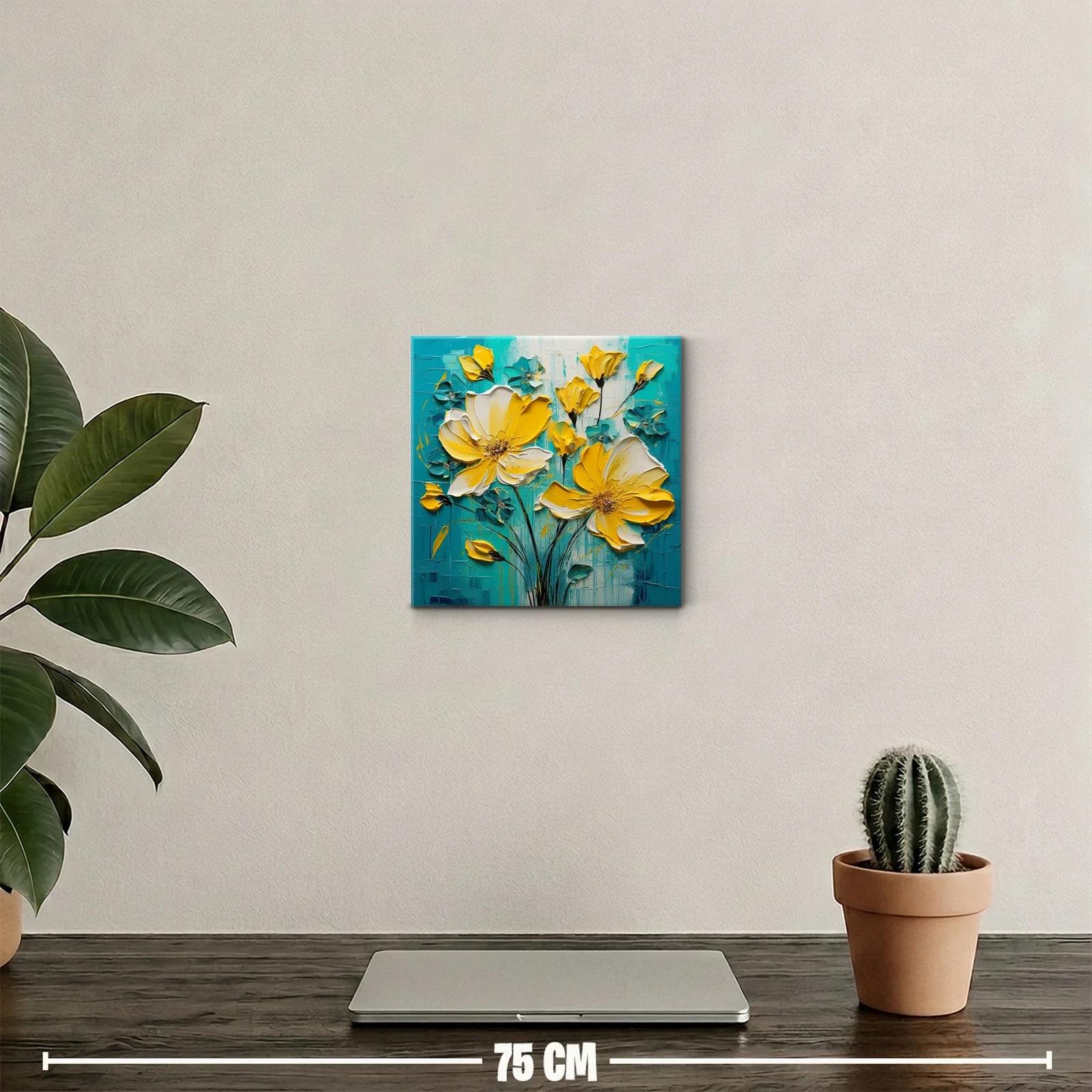 Cuadro floral vibrante con flores amarillas y fondo turquesa — miniatura 2