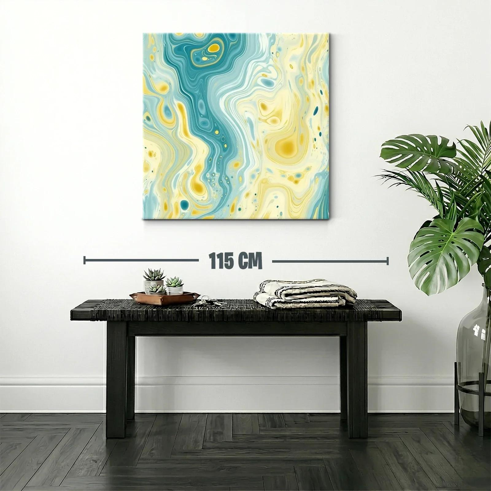 Cuadro abstracto con fluidas formas y tonos aqua y amarillo — miniatura 2