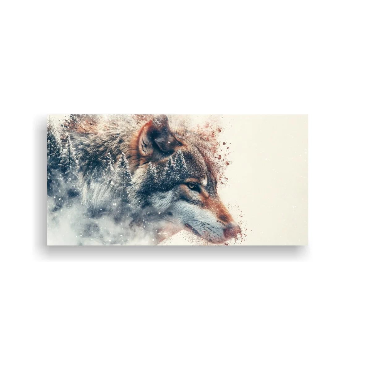 Cuadro cabeza de lobo con bosque y salpicaduras