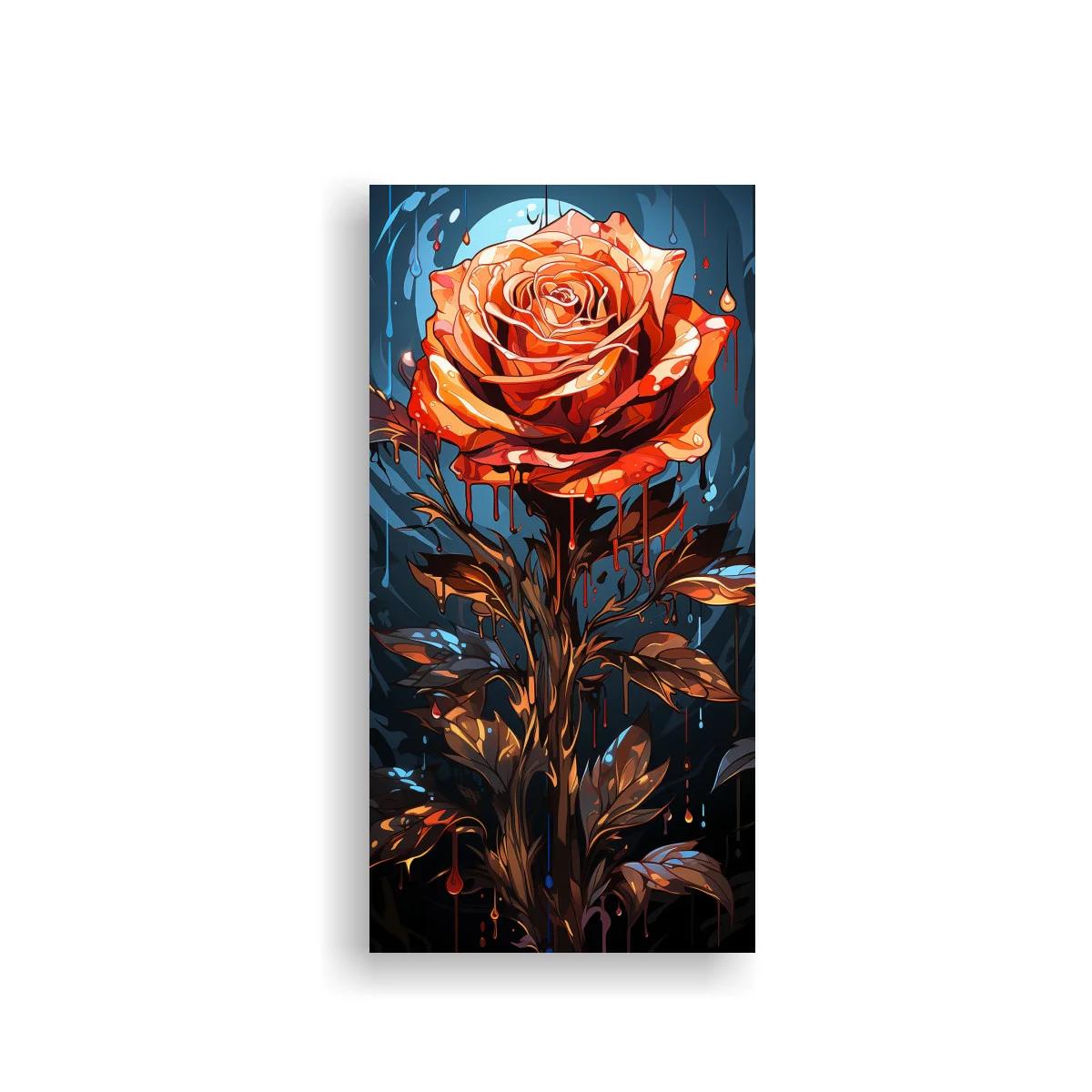 Cuadro rosa naranja sobre fondo azul salpicado