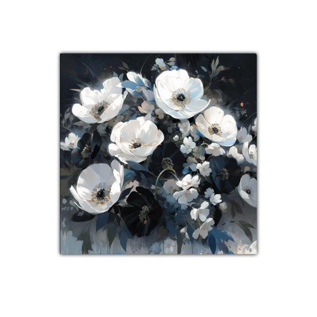 Ramo de flores blancas y negras con estilo romántico