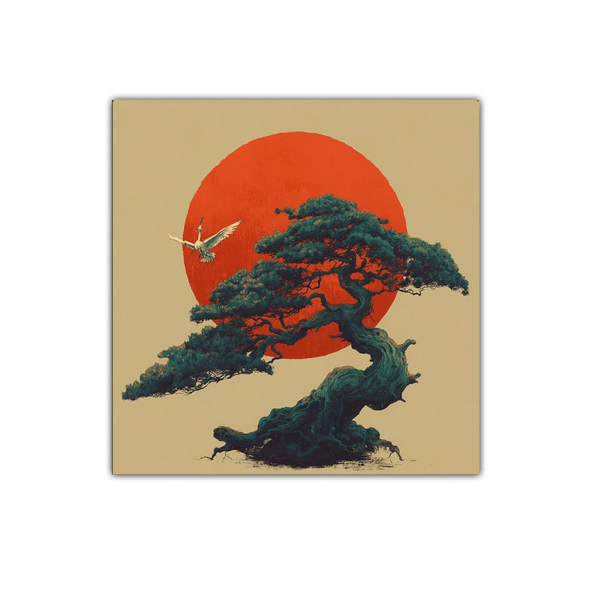 Elegancia y serenidad en un bonsái con sol naciente rojo — miniatura 1