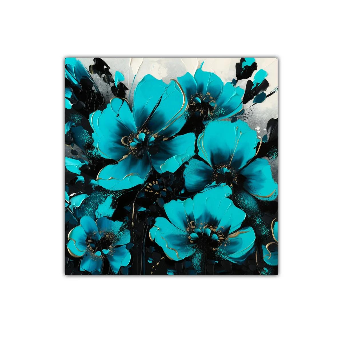 Cuadro decorativo con vibrantes flores en azul turquesa y negro — imagen principal