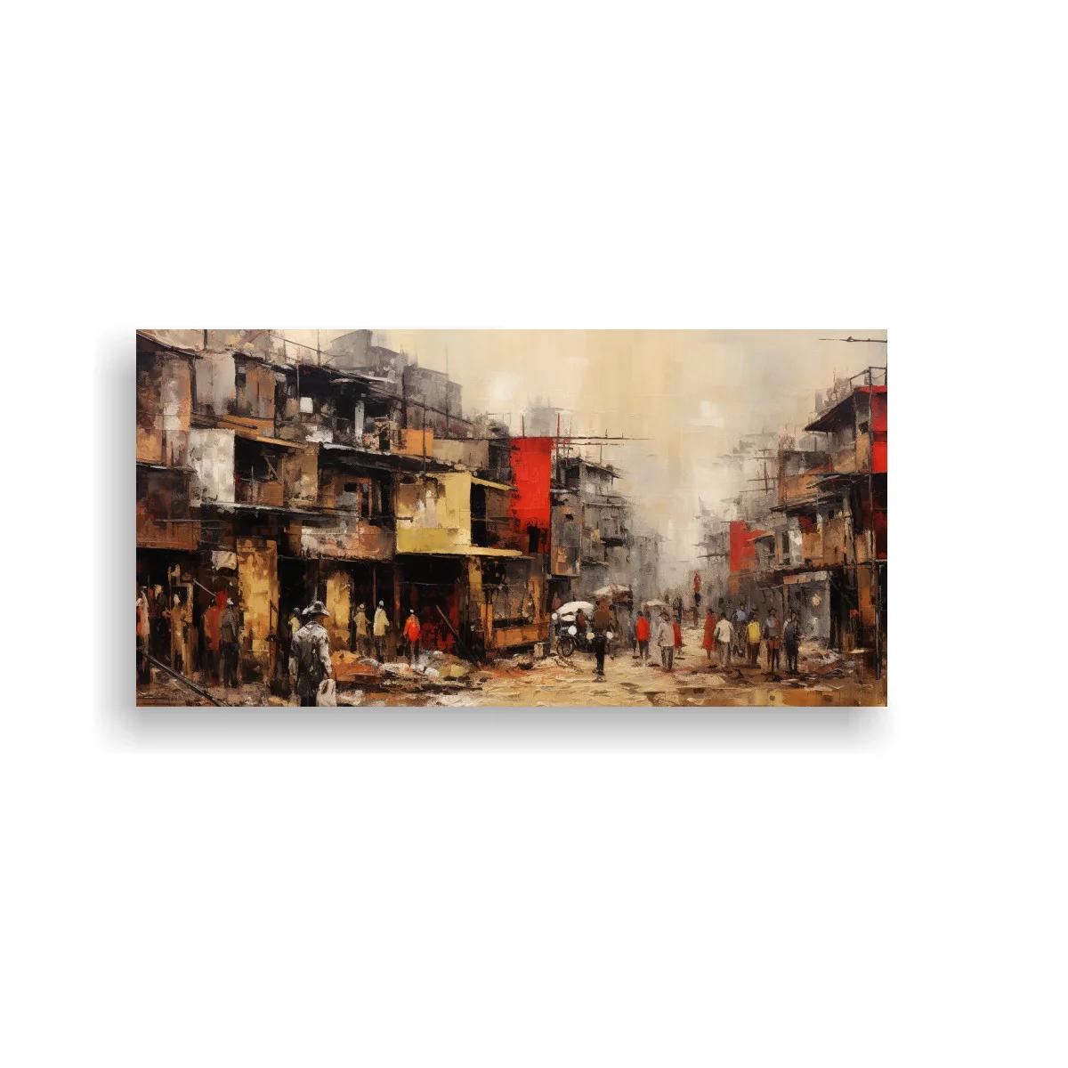 Cuadro calle urbana con edificios y pequeñas figuras dispersas