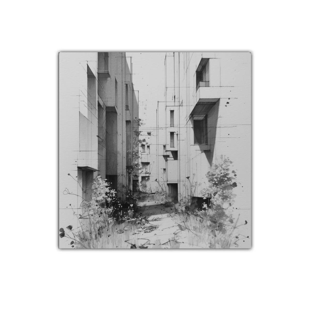 Escena Urbana Minimalista en Blanco y Negro con Vegetación — imagen principal