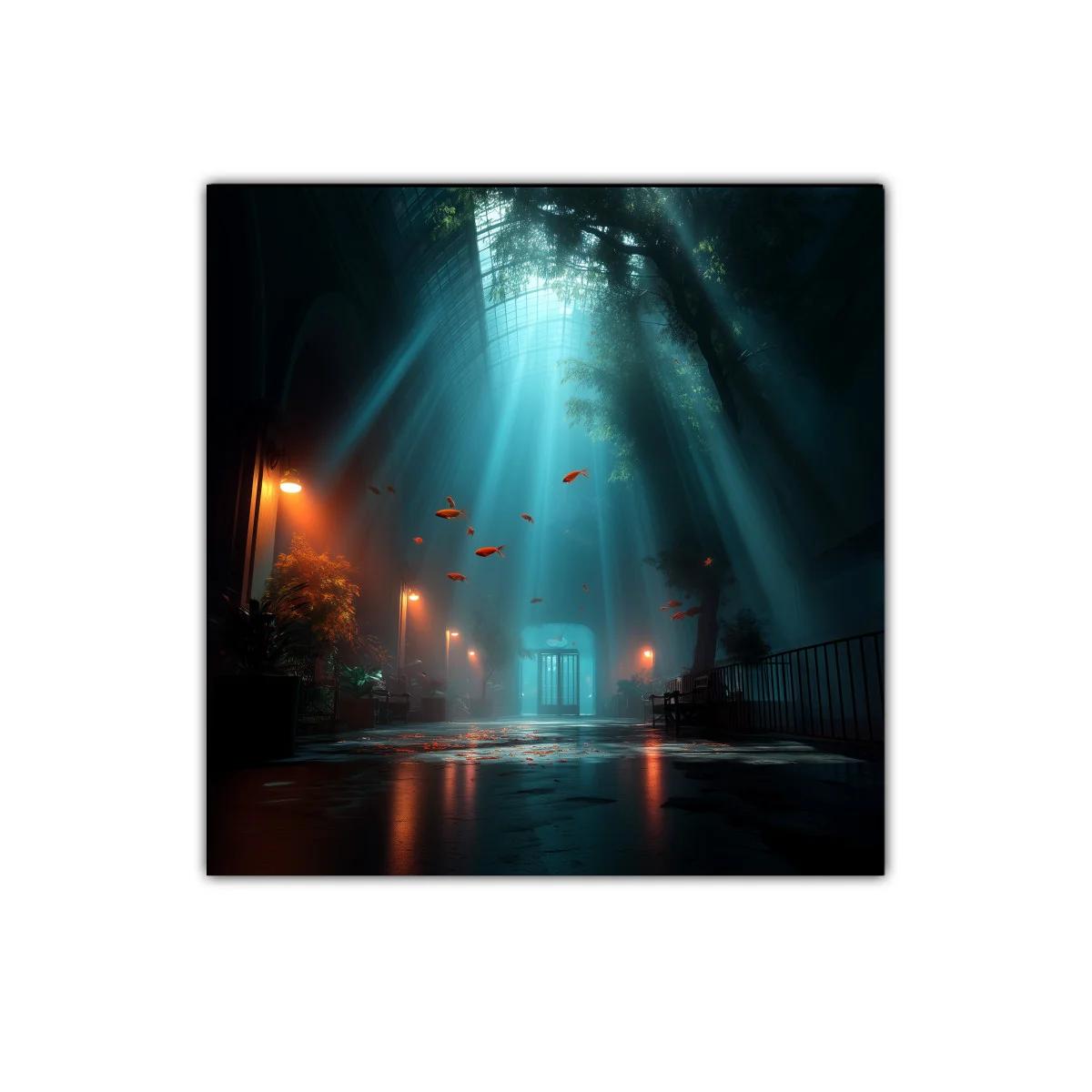 Escena onírica con peces flotando y luz celestial — imagen principal