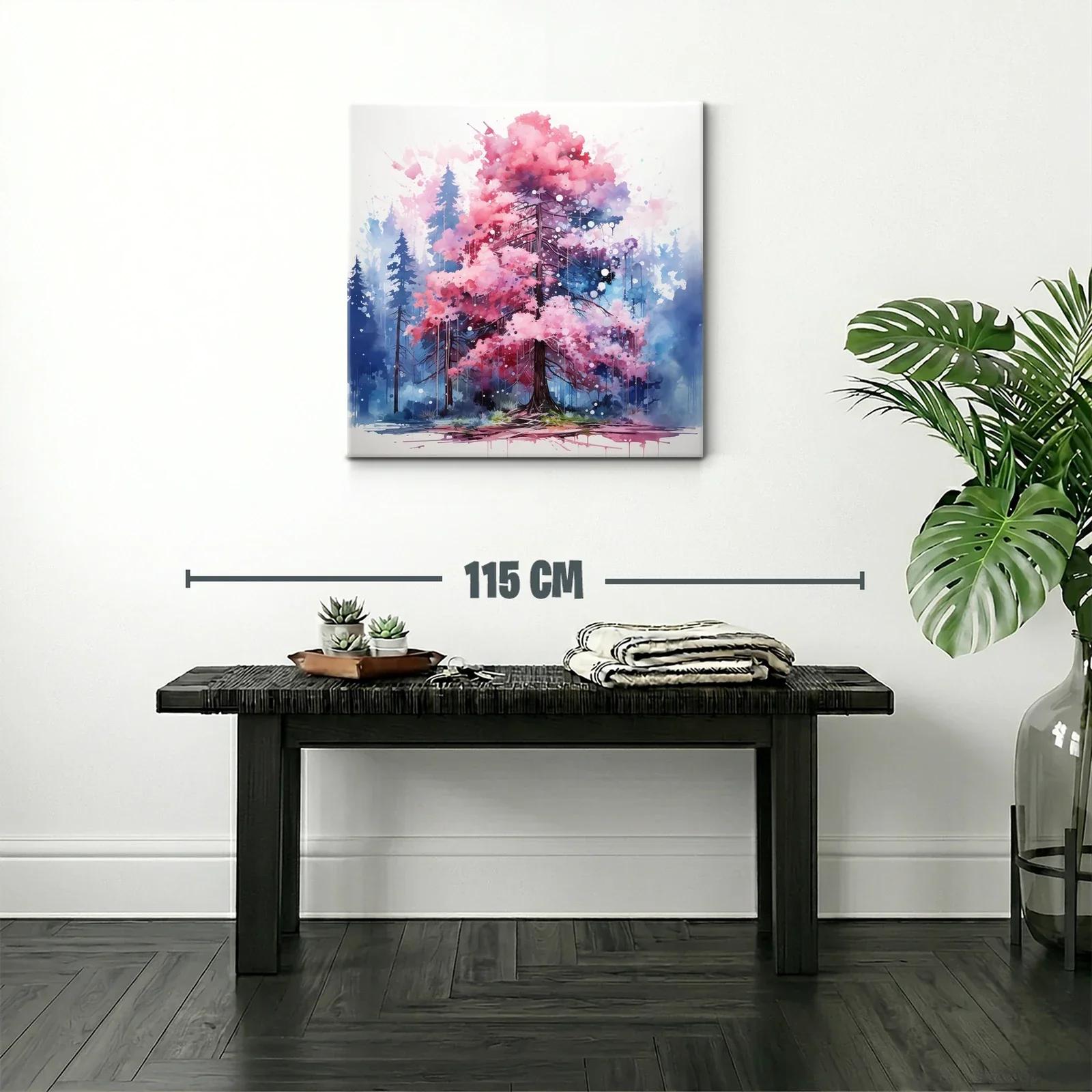 Árbol rosa vibrante en bosque azul nebuloso — miniatura 2
