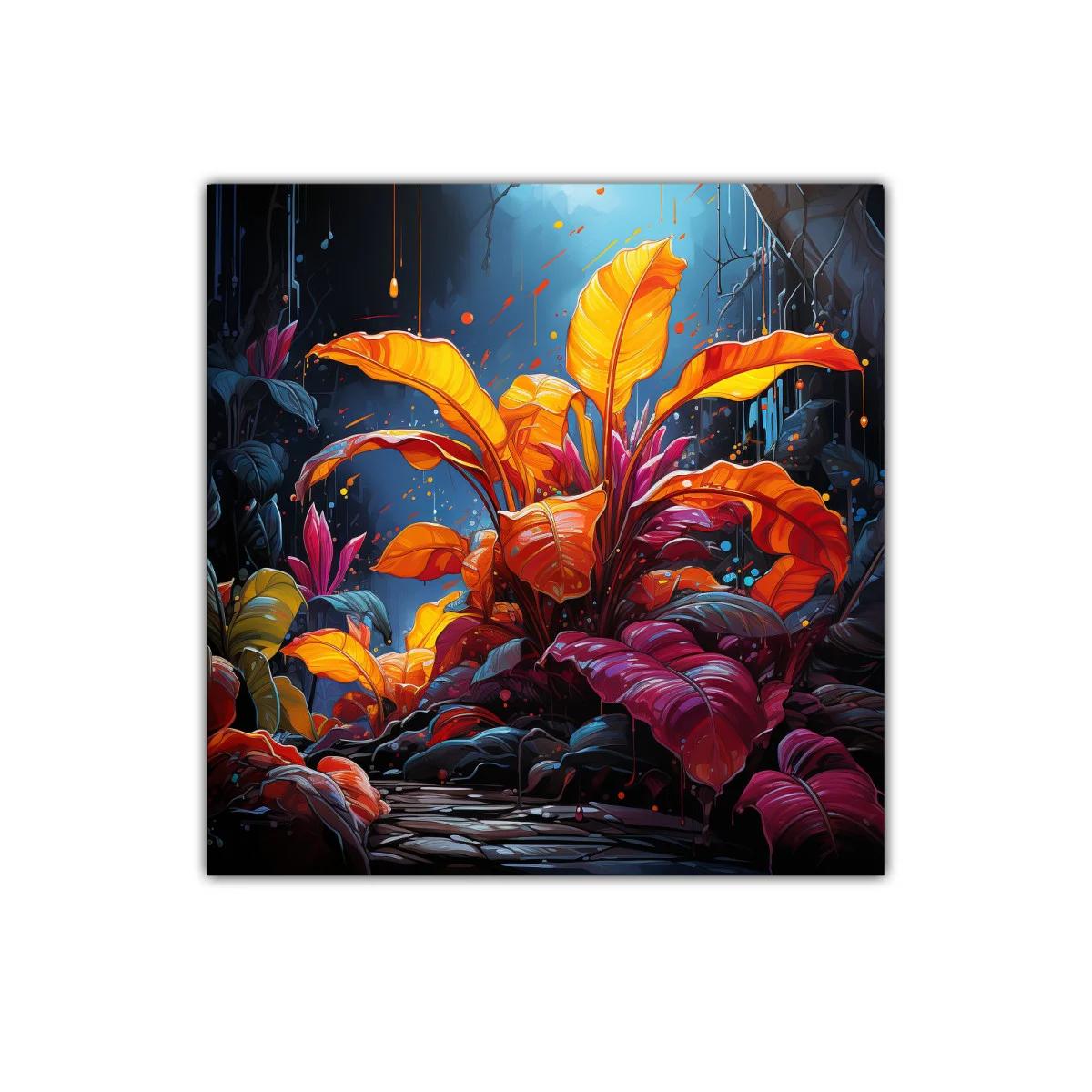 Cuadro decorativo vibrante con planta tropical en tonos cálidos — miniatura 1