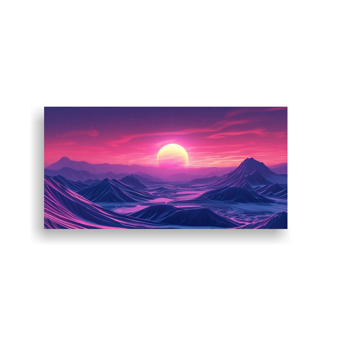 Cuadro paisaje de montañas al atardecer con brillo neón