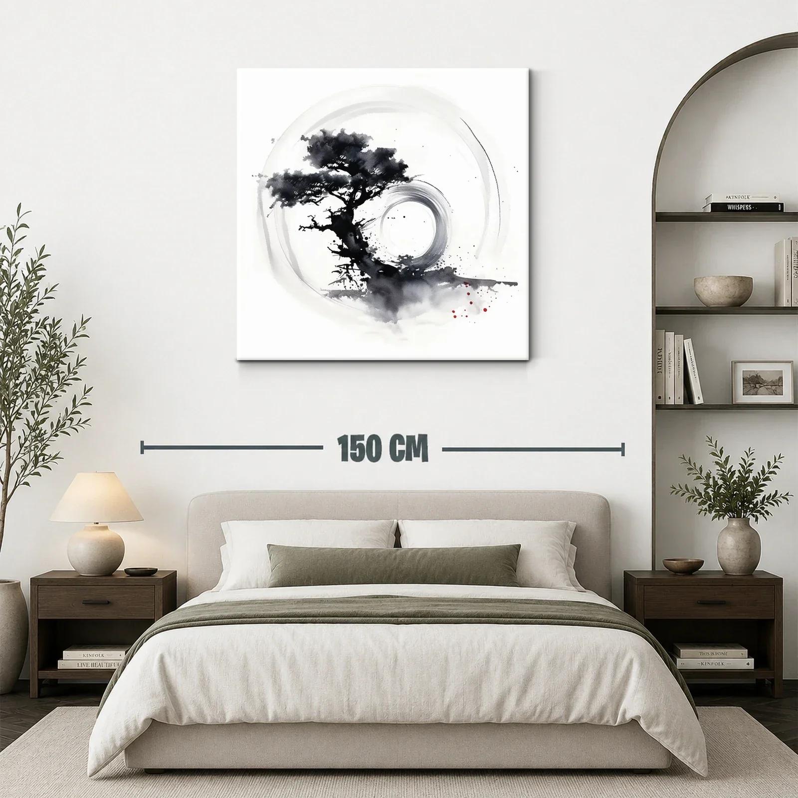 Cuadro árbol zen con círculo en tinta monocroma — miniatura 3