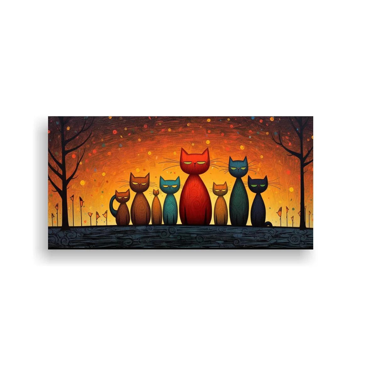 Cuadro gatos sentados enmarcados por árboles y un fondo luminoso