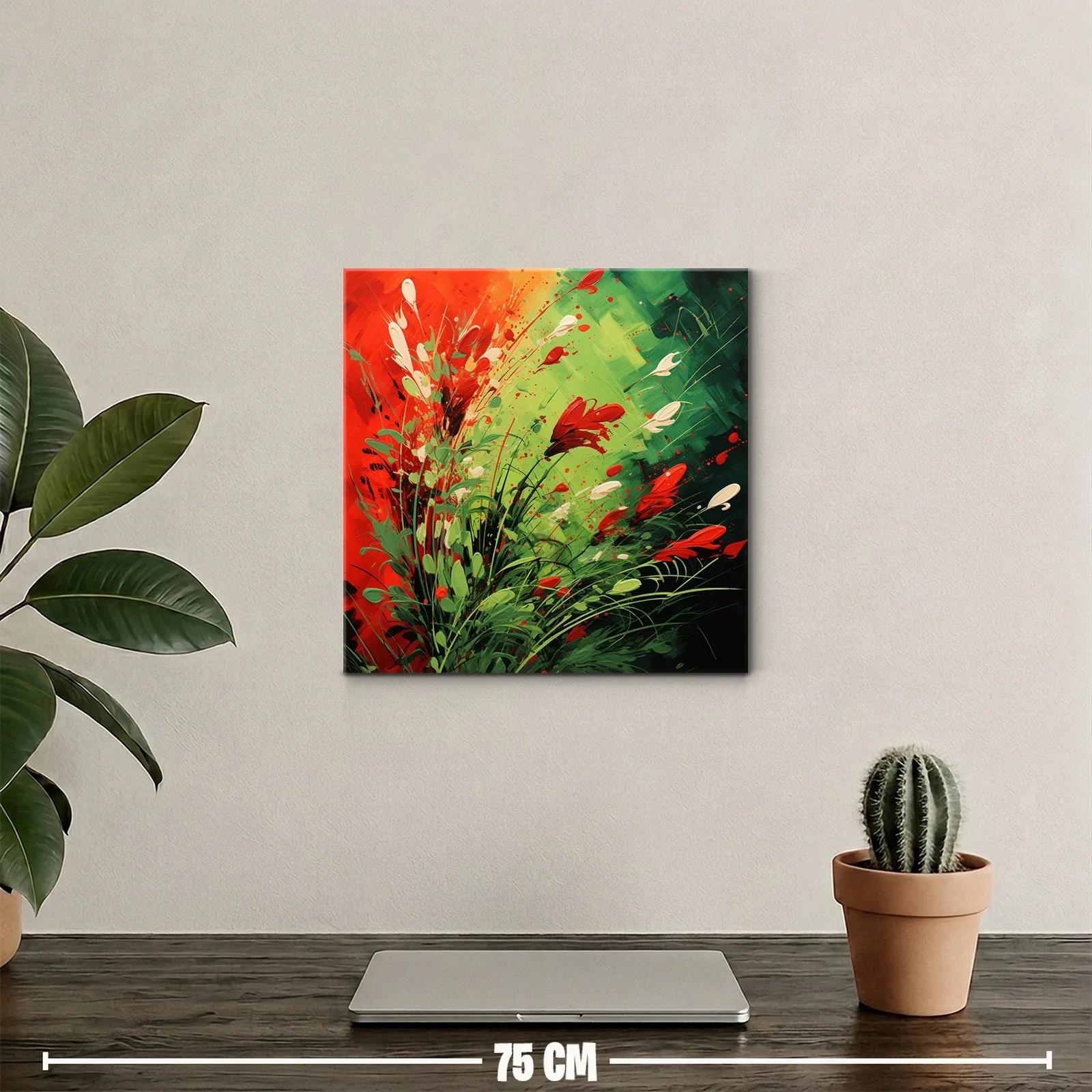 Cuadro vibrante con explosión de flores rojas y verdes — miniatura 2