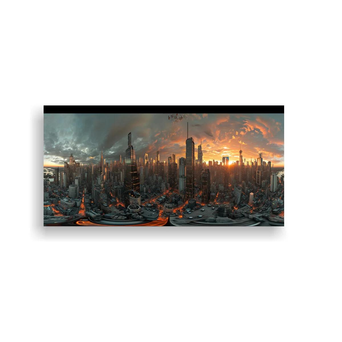 Cuadro skyline futurista al atardecer con avenidas sinuosas