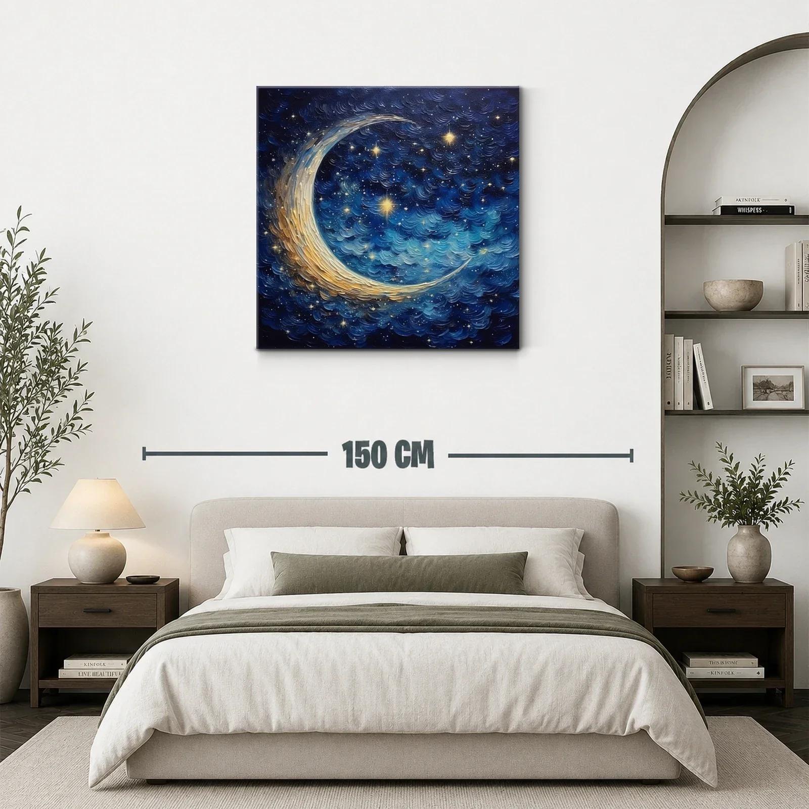 Cielo estrellado con luna creciente en tonos azul y dorado — miniatura 3