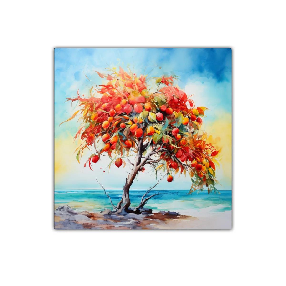 Árbol frutal vibrante junto al mar en tonos cálidos