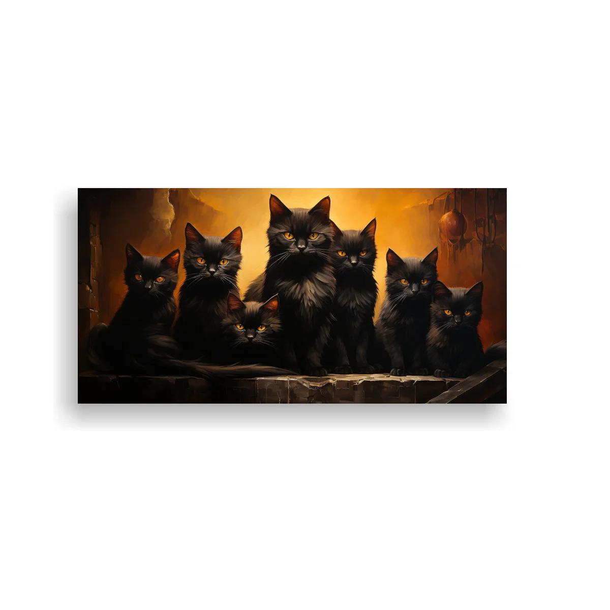 Cuadro grupo de gatos negros sobre repisa