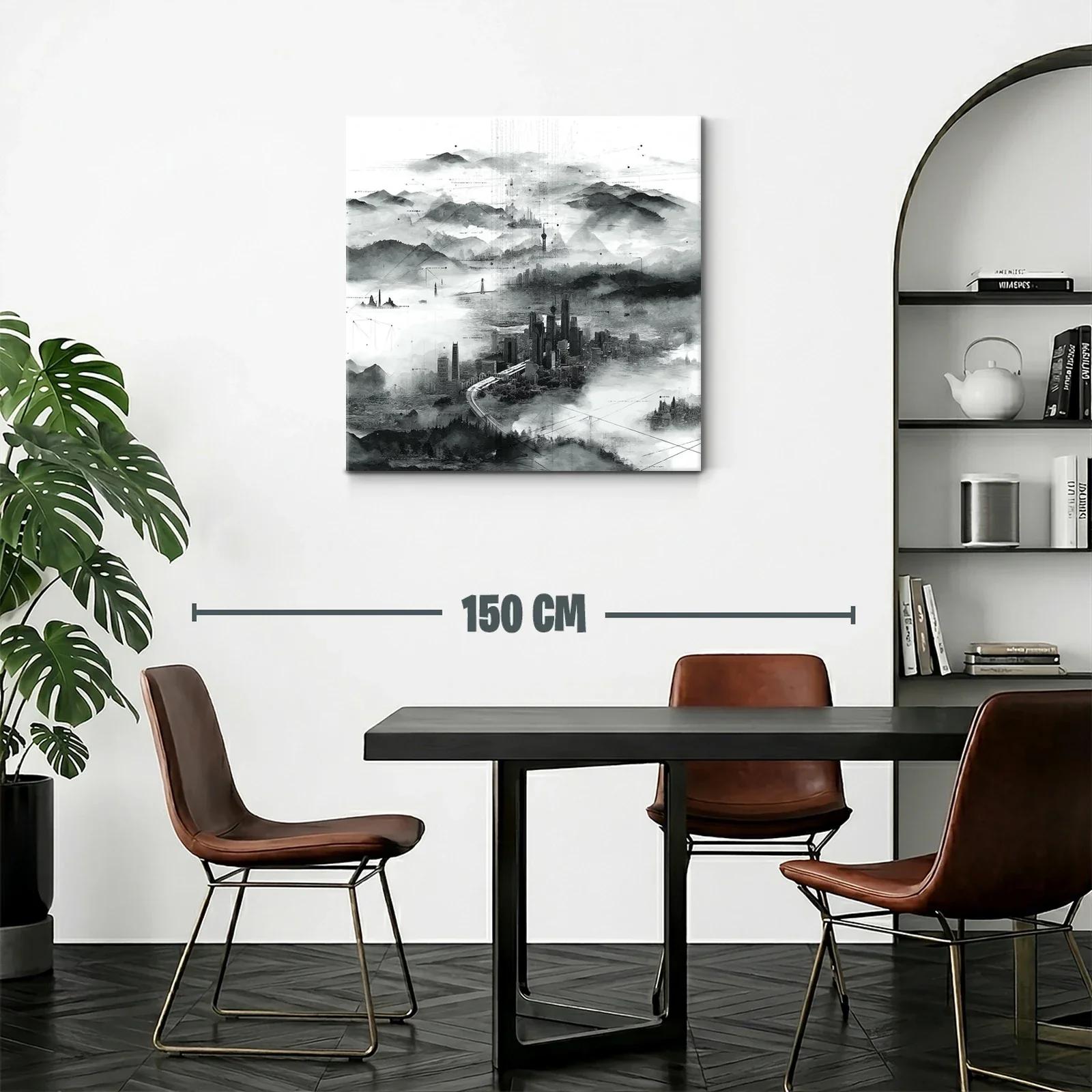 Paisaje urbano en niebla con detalles abstractos en tonos grises — miniatura 2