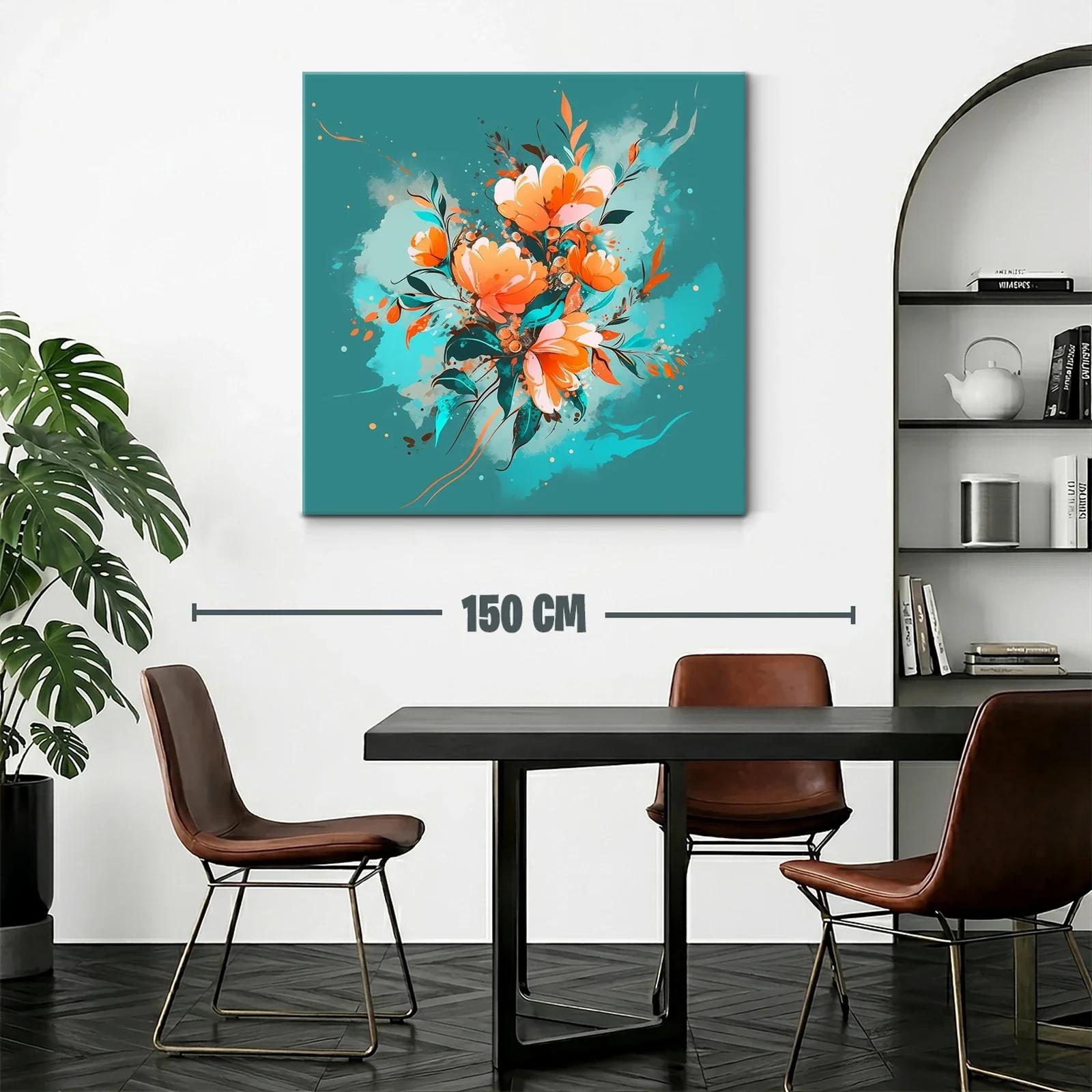 Cuadro Floral con tonos cálidos y fondo turquesa vibrante — miniatura 2