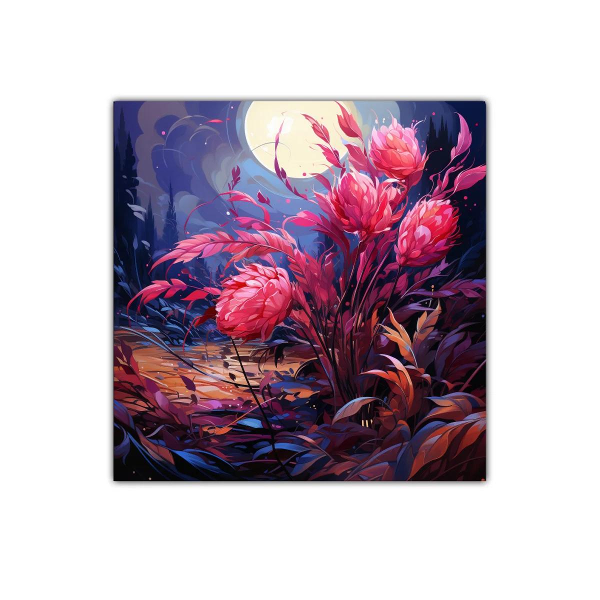 Ramo de flores rosas bajo la luna llena en paisaje nocturno — imagen principal