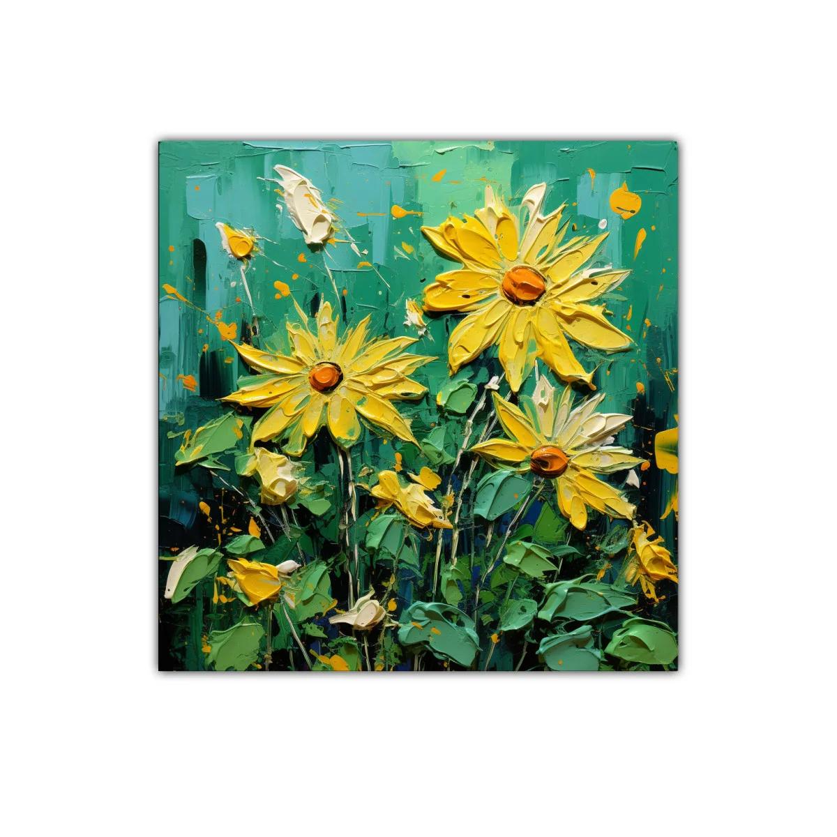 Cuadro vibrante con flores amarillas sobre fondo verde intenso — imagen principal