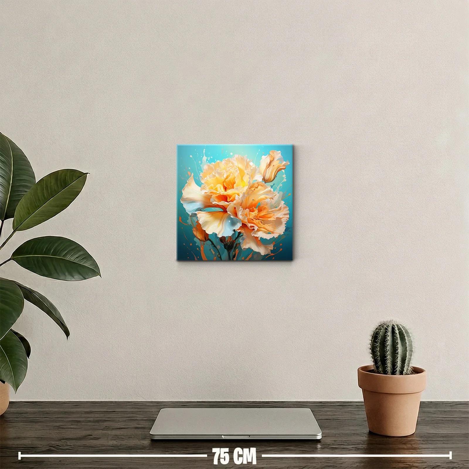 Cuadro floral vibrante en tonos cálidos y fondo azul — miniatura 2