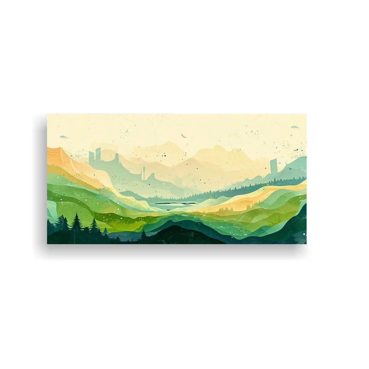 Cuadro paisaje de montañas con valle brumoso y pinos