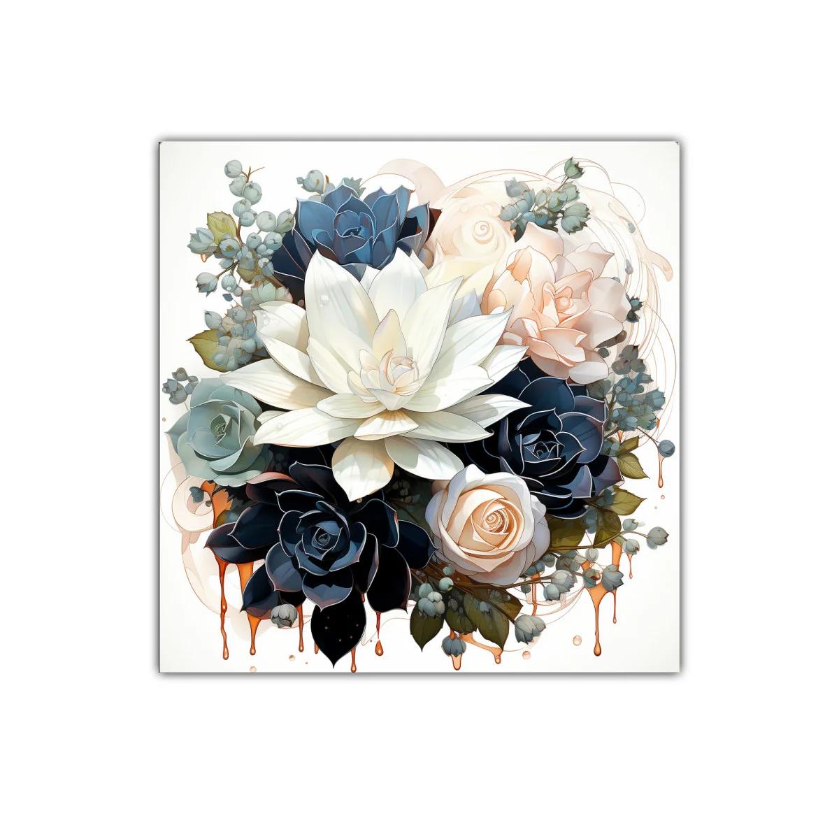 Elegante ramo de flores en tonos neutros y azules