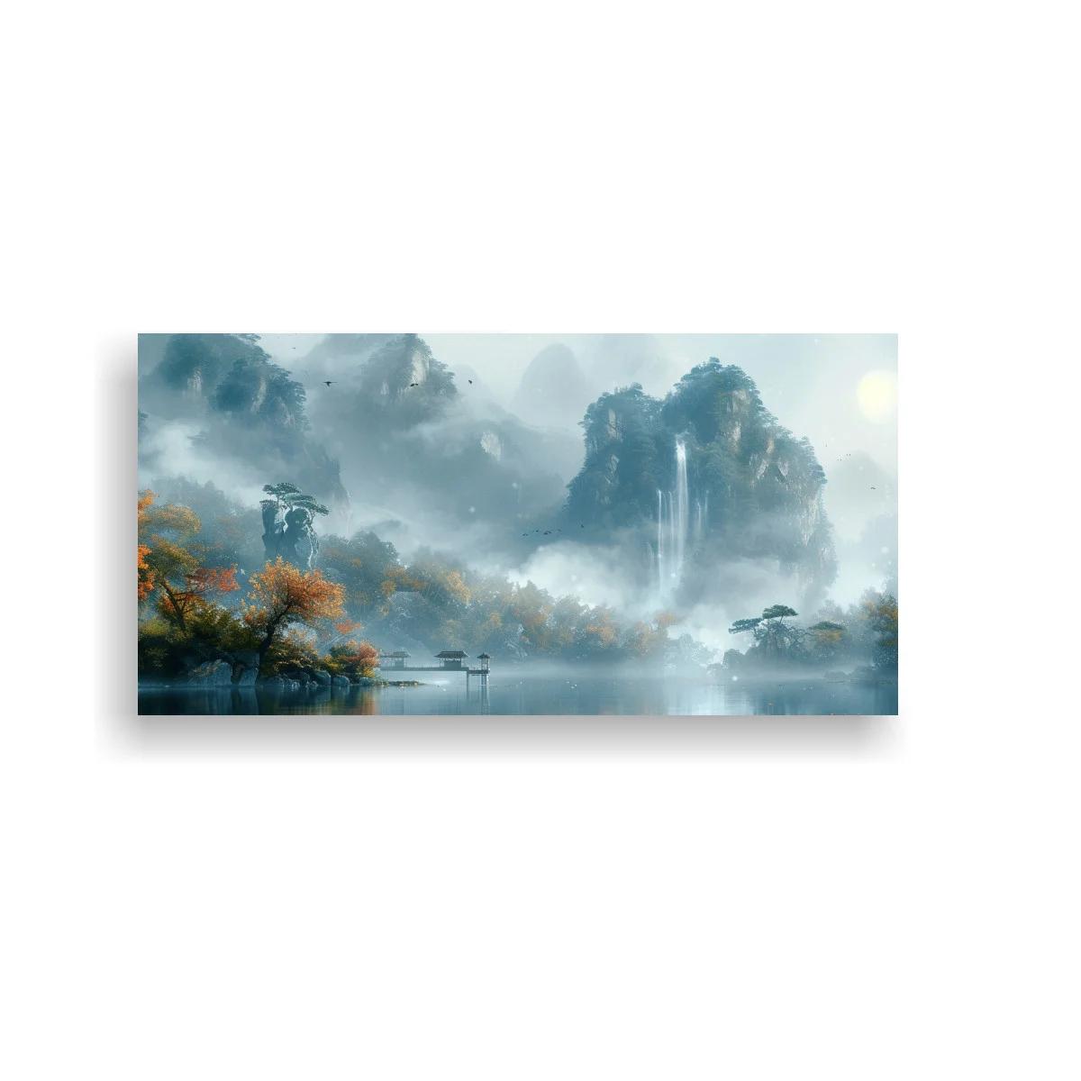 Cuadro paisaje de lago con montañas y cascada vertical