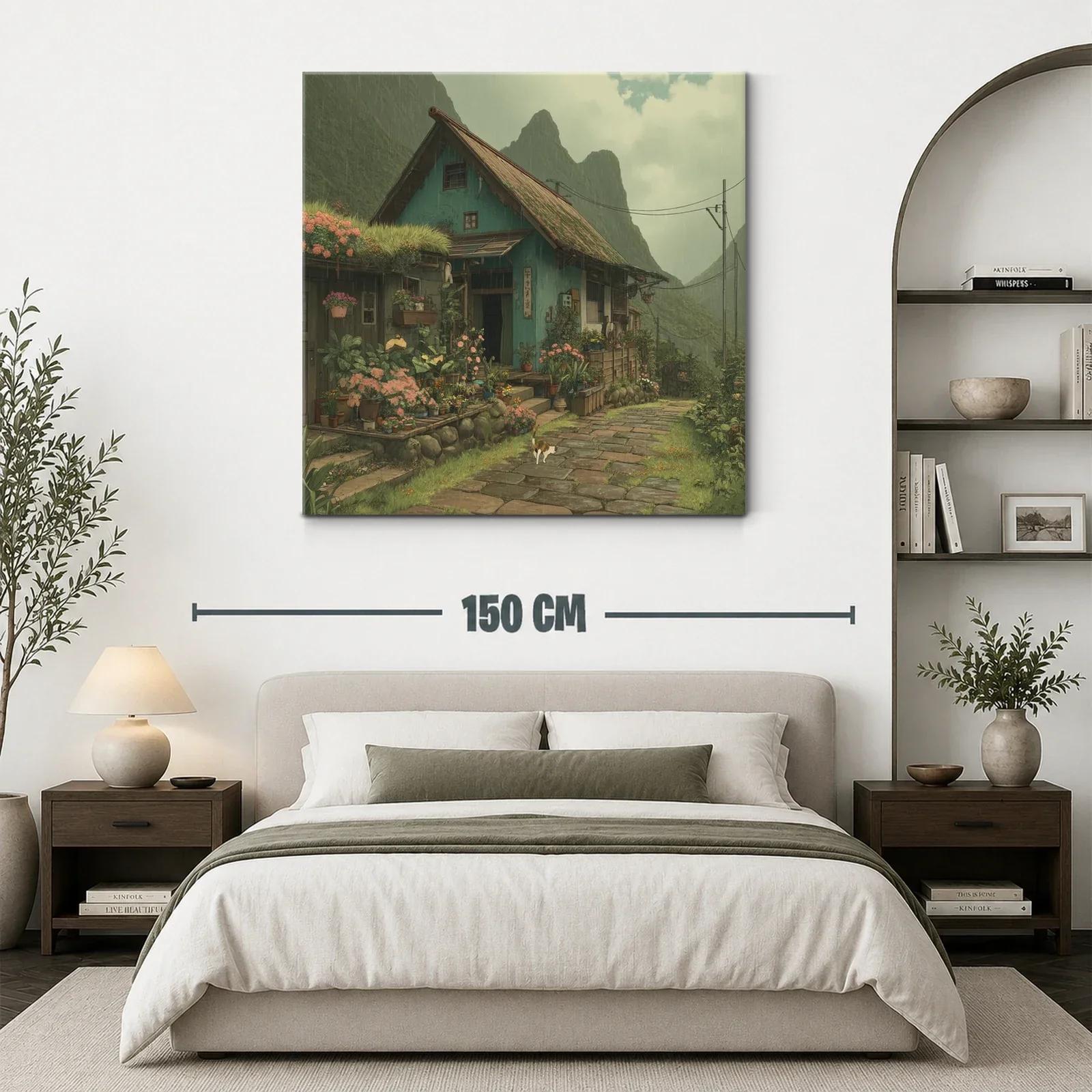 Paisaje rural con casa y jardín florido bajo lluvia suave — miniatura 3