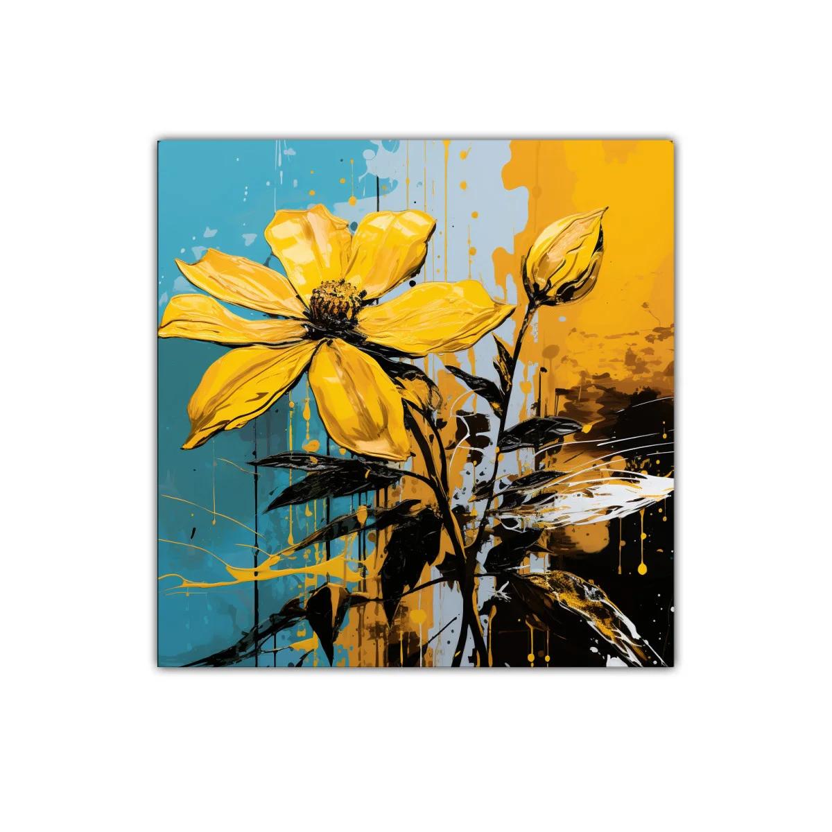 Flor amarilla vibrante sobre fondo azul y ocre — imagen principal