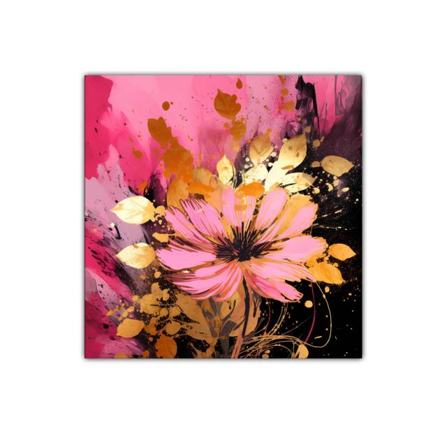 Impactante cuadro de flor rosa con detalles dorados vibrantes