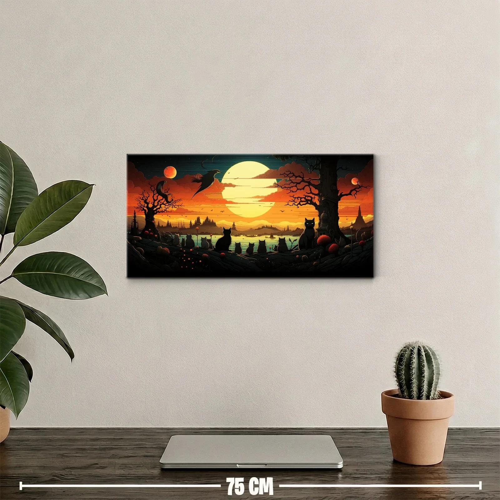 Cuadro gatos negros junto a un lago con gran luna — miniatura 2