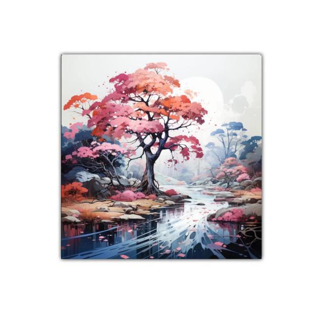 Paisaje sereno con árbol rosa junto a río reflejante