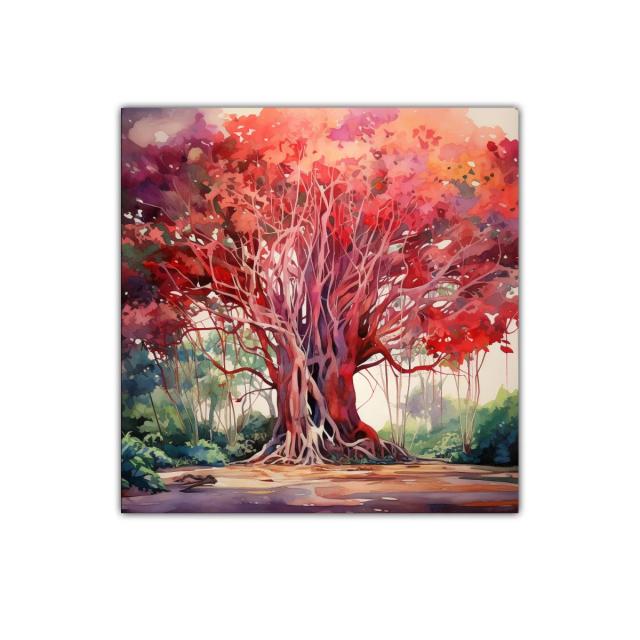 Árbol majestuoso con follaje en tonalidades rojas vibrantes