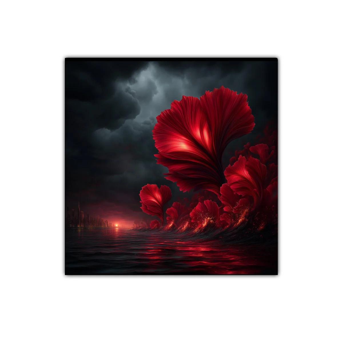 Flores rojas emergiendo de un mar oscuro al atardecer — imagen principal