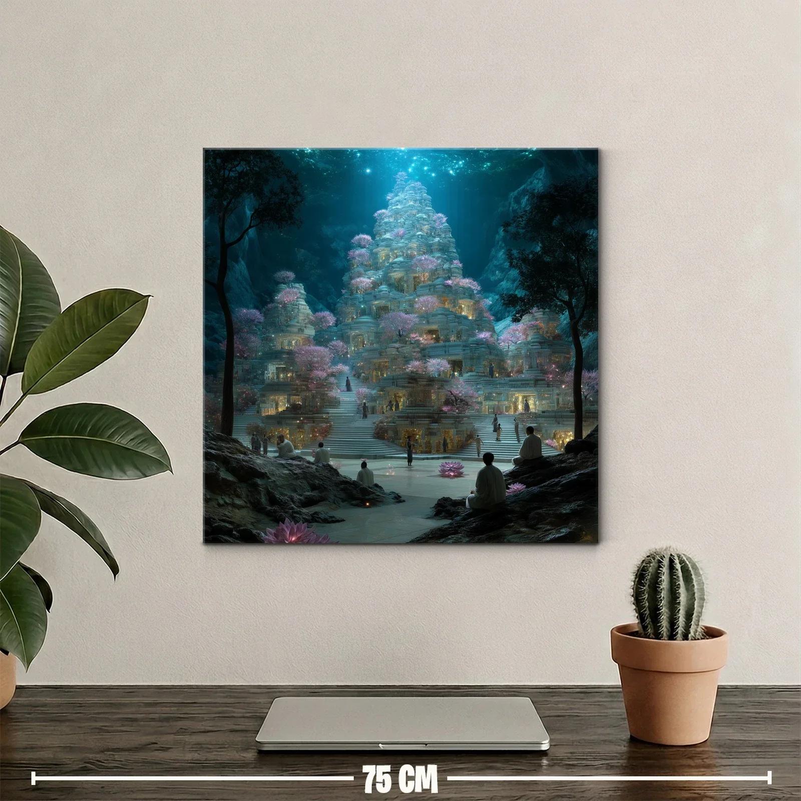 Templo místico iluminado entre árboles y flores rosadas — miniatura 2