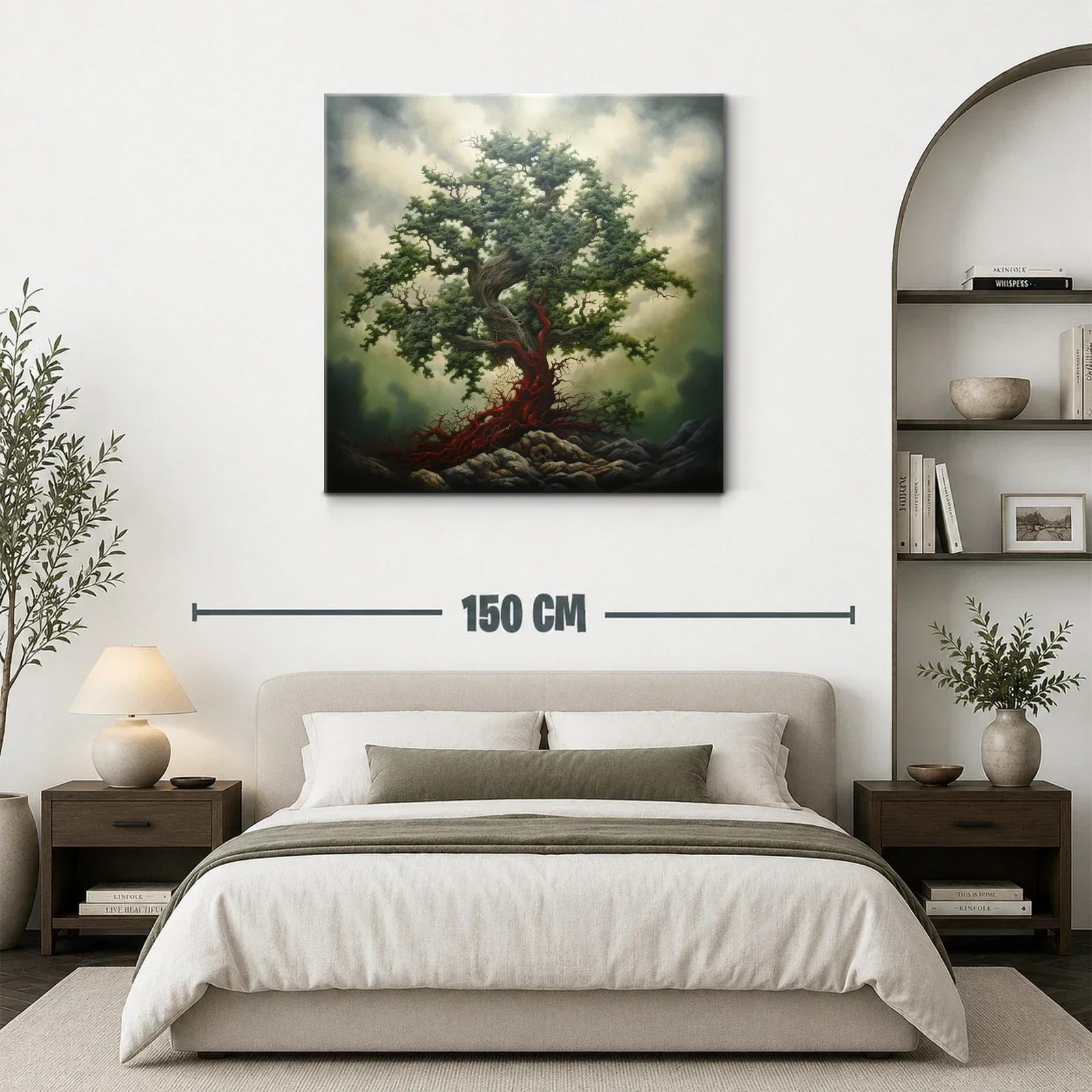 Árbol Imponente con Raíces Escarlata en Paisaje Dramático — miniatura 3