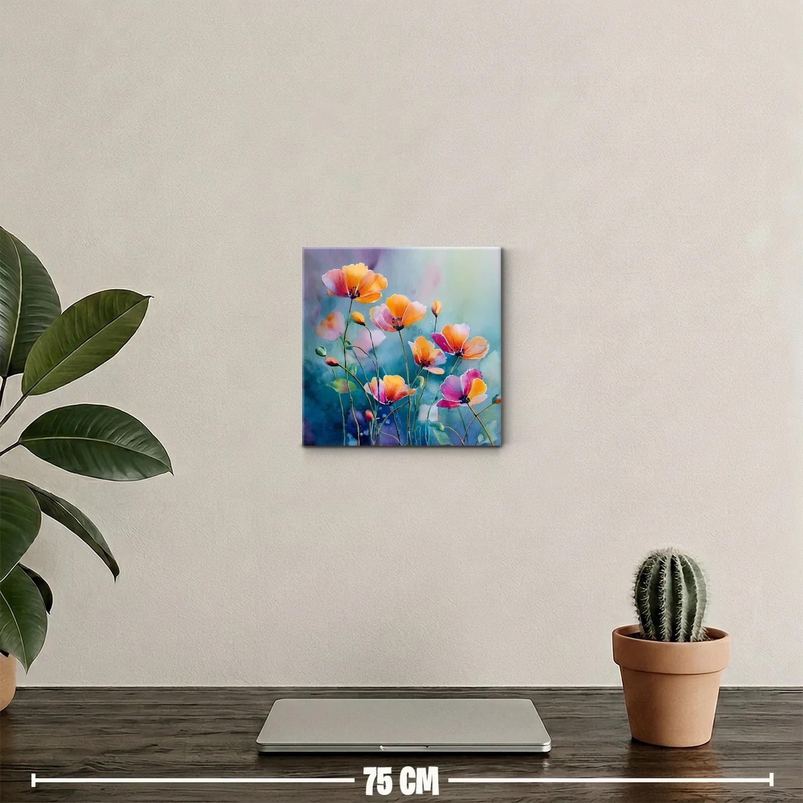 Cuadro decorativo flores en tonos cálidos y fondo acuático — miniatura 2