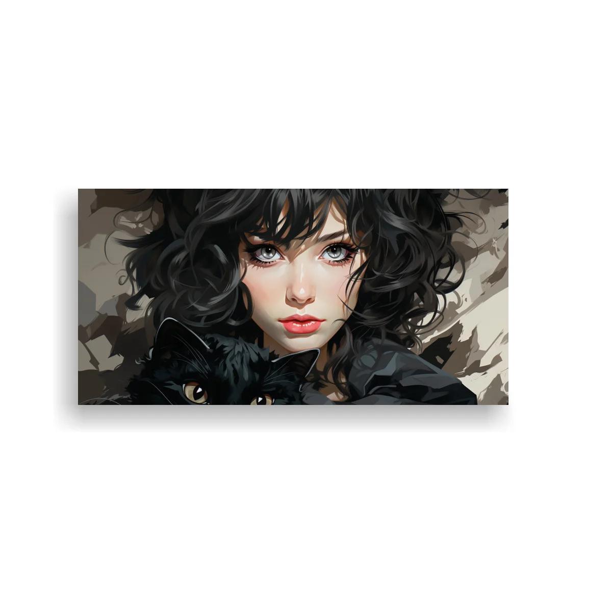 Cuadro mujer de cabello negro y gato negro