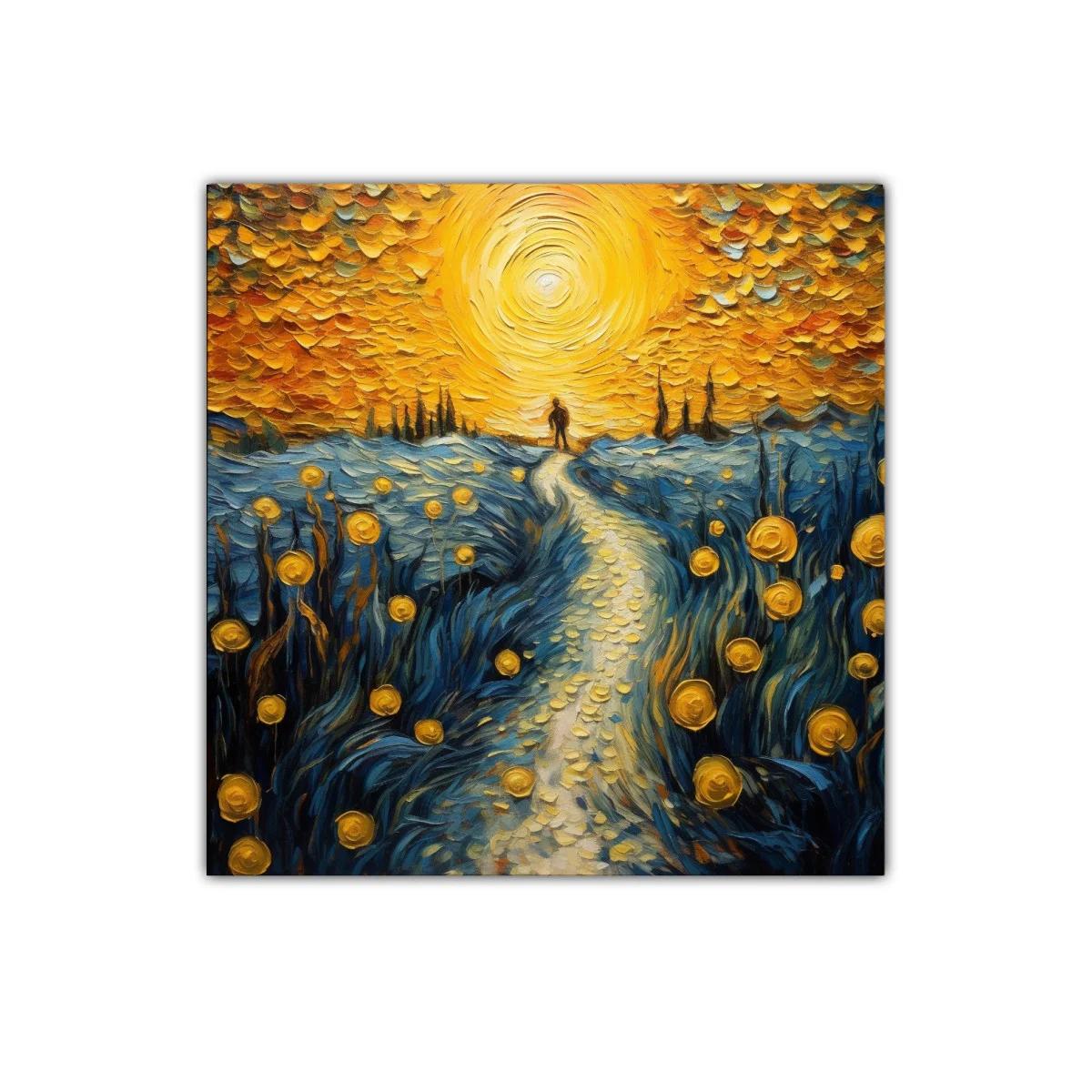 Camino iluminado por un sol vibrante entre flores doradas