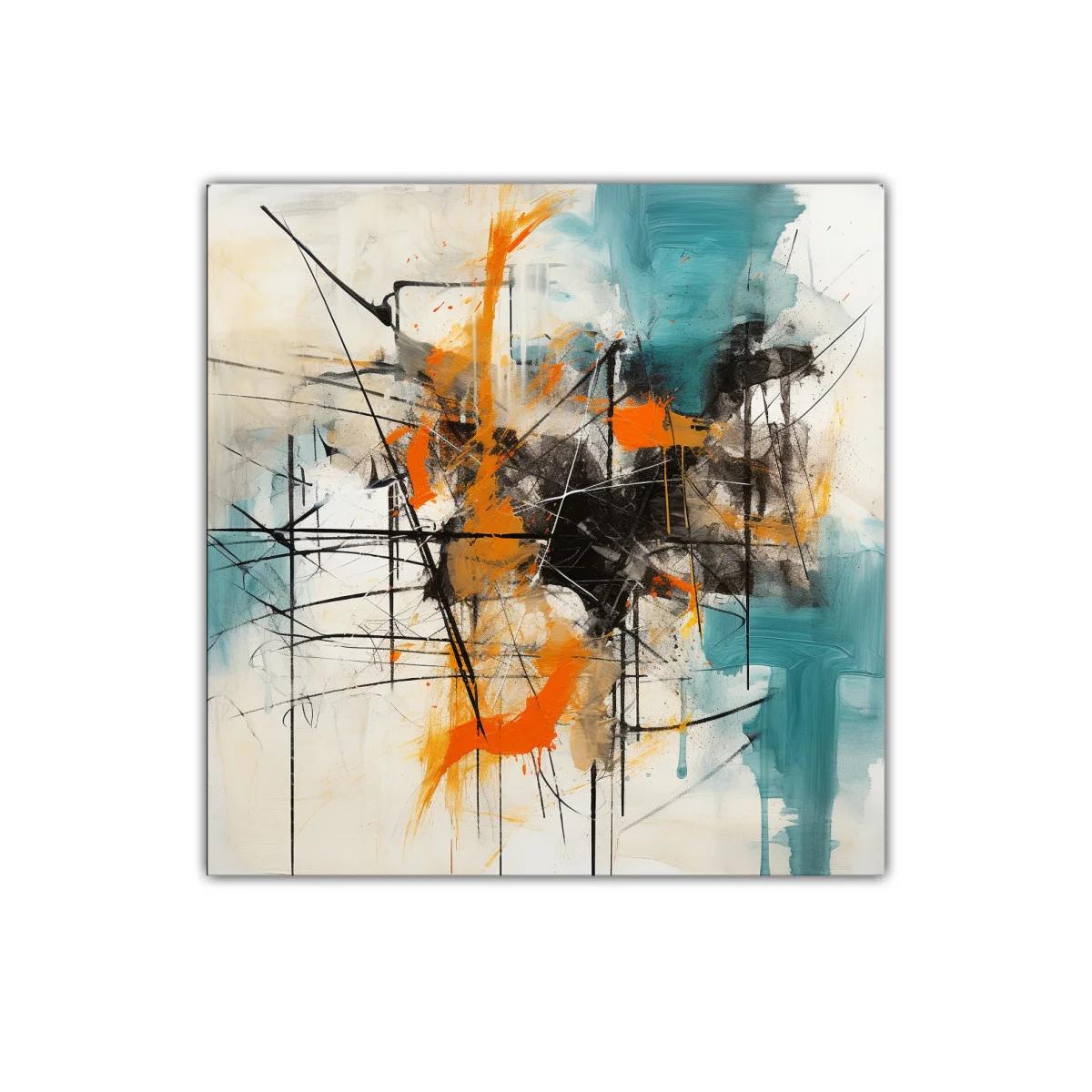 Cuadro abstracto con trazos en naranja y turquesa vibrante