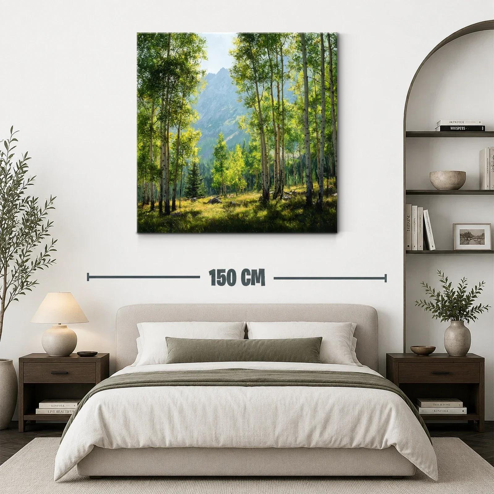 Bosque iluminado con montañas al fondo en tonos verdes y azules — miniatura 3