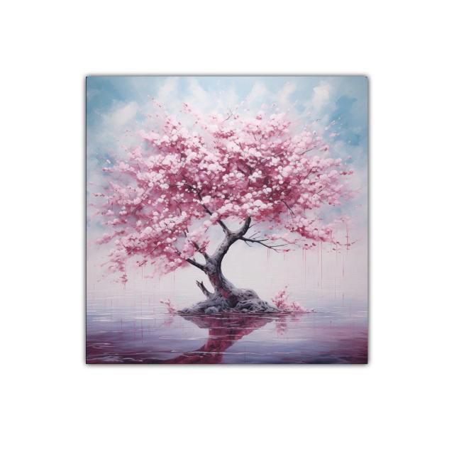 Árbol de flores rosas con reflejo en lago sereno