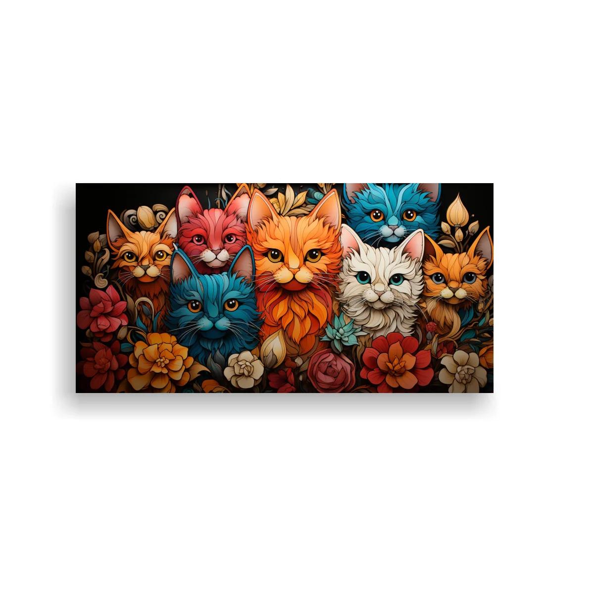 Cuadro grupo de gatos de colores entre flores
