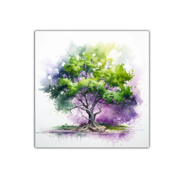 Árbol vibrante en tonos verdes y morados con reflejo suave