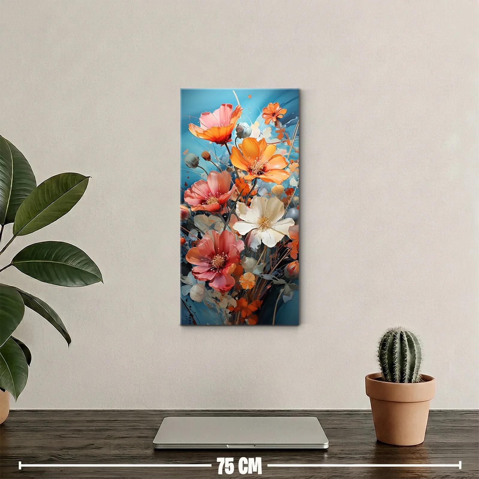 Cuadro amapolas coral y blanco sobre fondo azul — miniatura 2