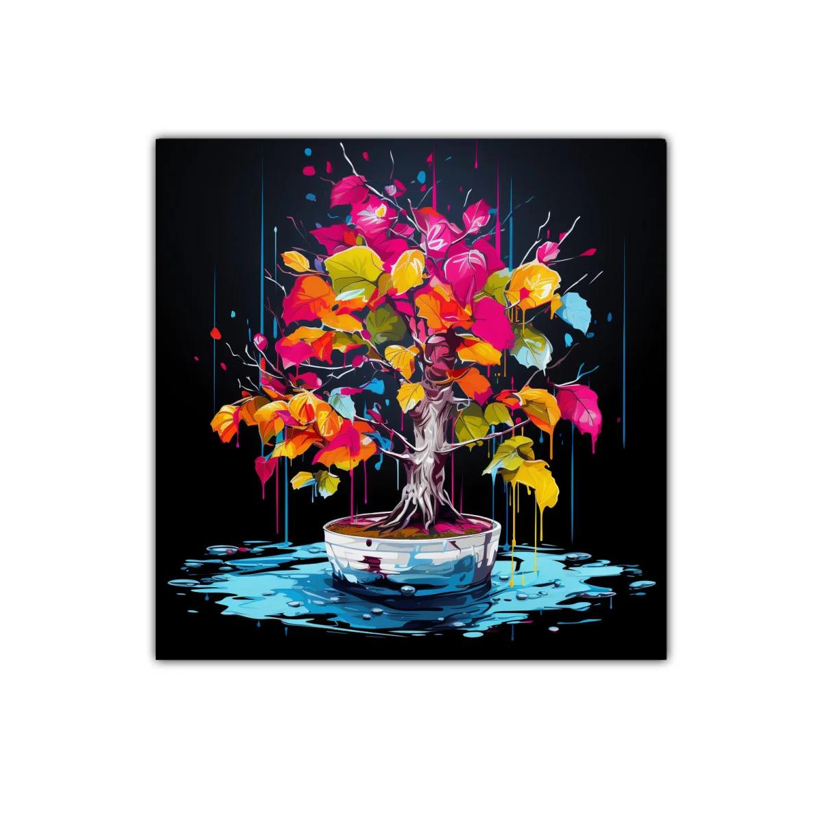 Árbol de colores vibrantes sobre fondo oscuro intenso